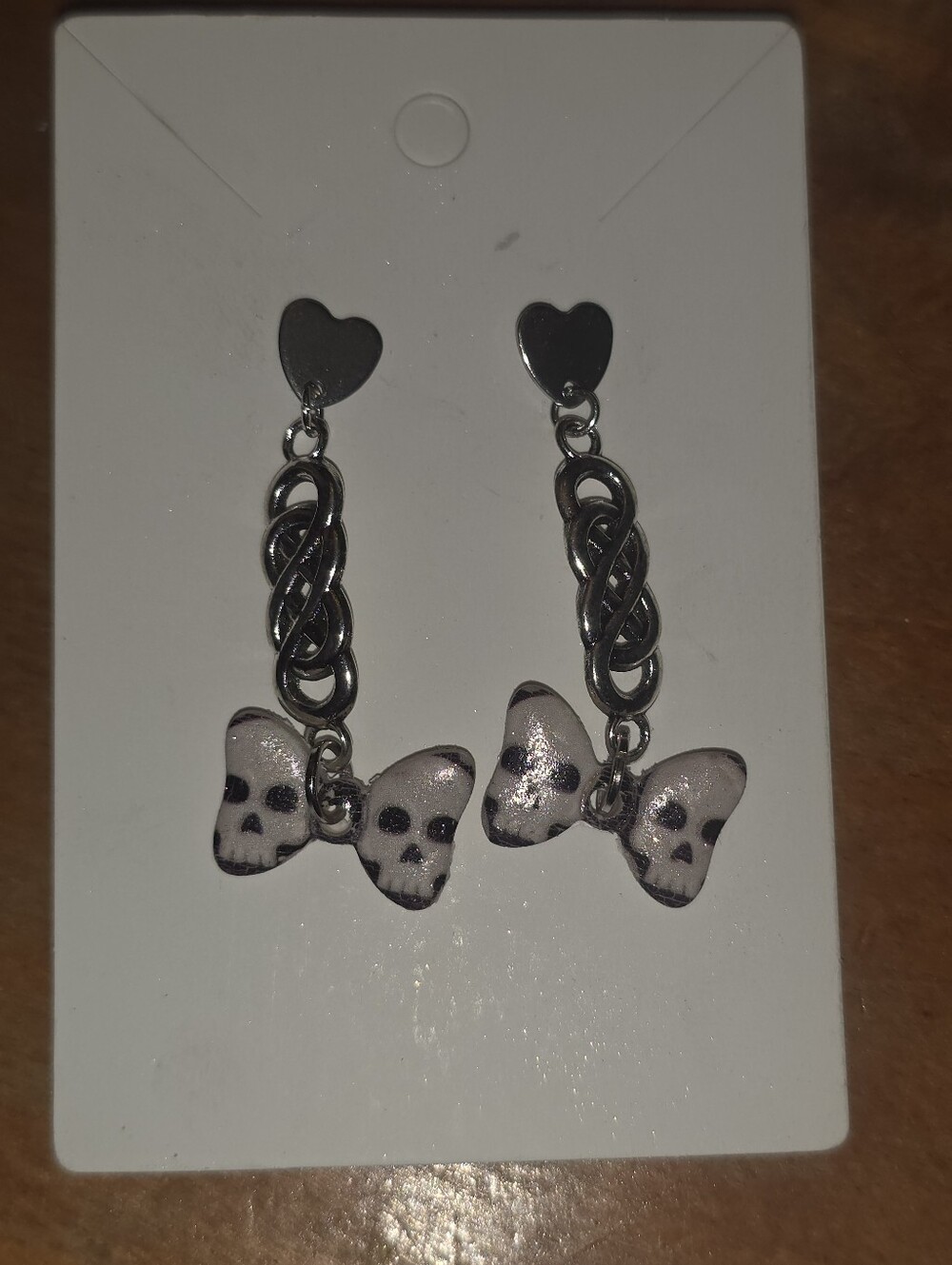 Heart Stud Earrings Connected To Bow Tie Skeleton Pattern Polymer Clay